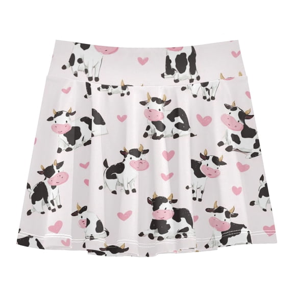 Girls' Skorts Elastic Waist Skorts with Inner Shorts Athletic Workout Shorts Skirts Black and White Cows Pattern X-Small