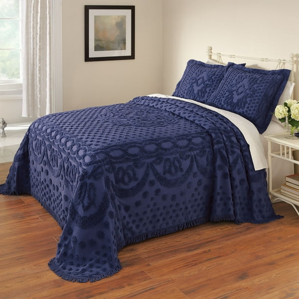 BrylaneHome Chenille Bedspread Queen, Blue
