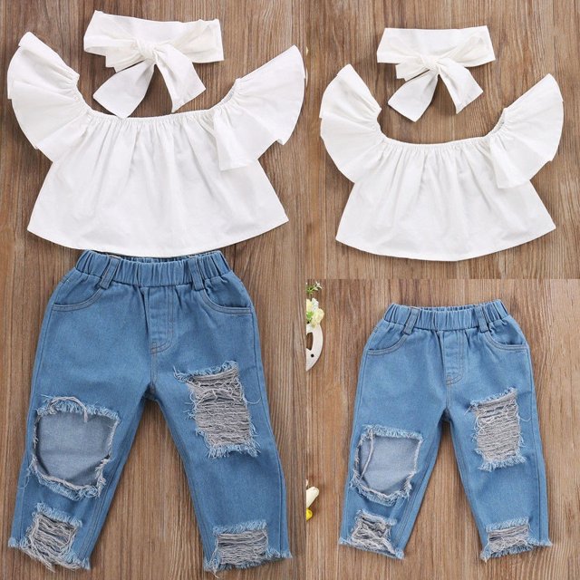 Fashion Toddler Kids Girls Off Shoulder Ruffle Vest Tops + Ripped Denim Pants Jeans + Headbands Outfits Clothes