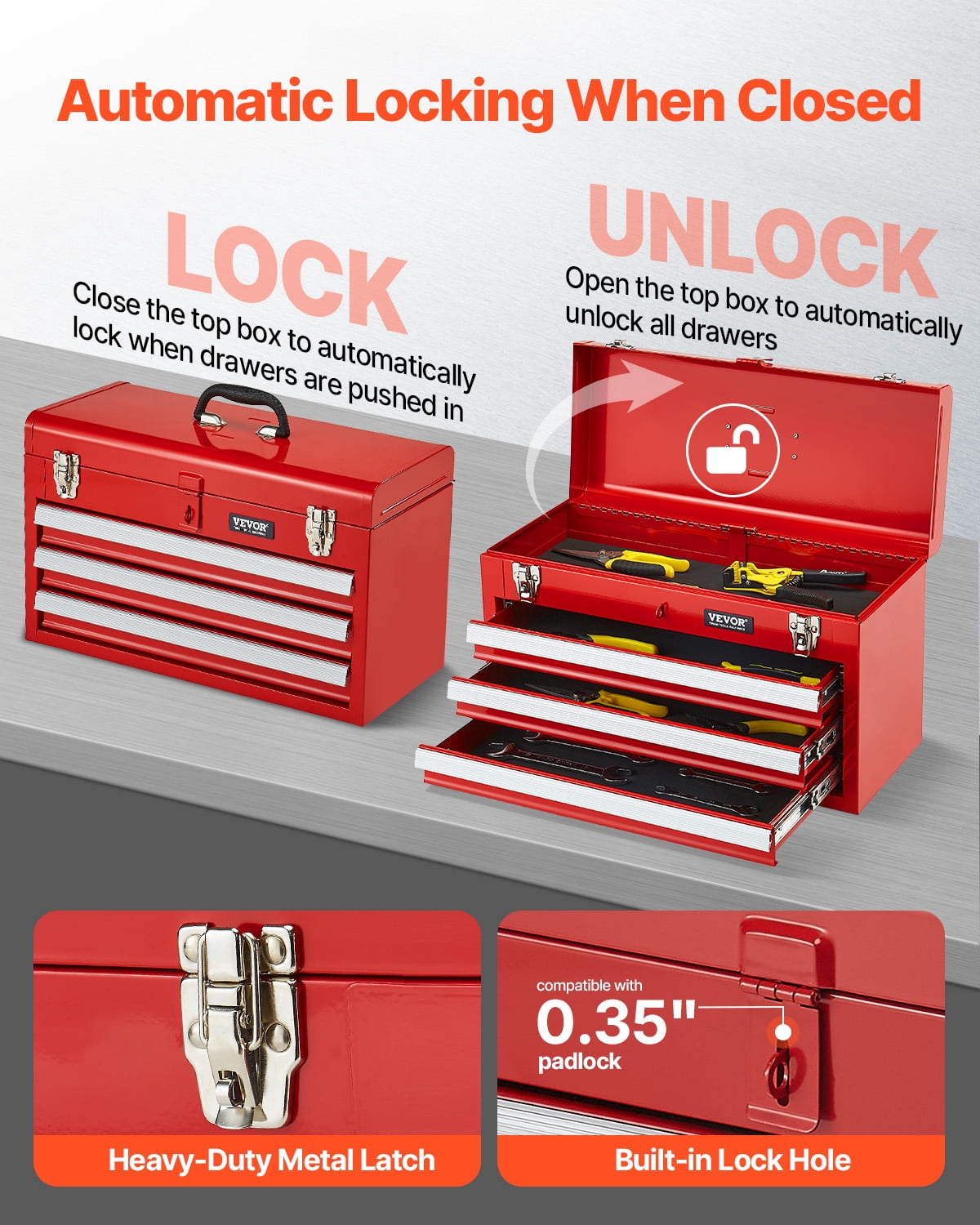 VEVOR Metal Tool Box, 20.5-inch, Portable Metal Tool Box with 3 Drawers, Small Tool Chest with EVA Liners,Ball Bearing Slide Drawers Locking & Powder Coated Finish,Multi-Function Tool Organizer,Red