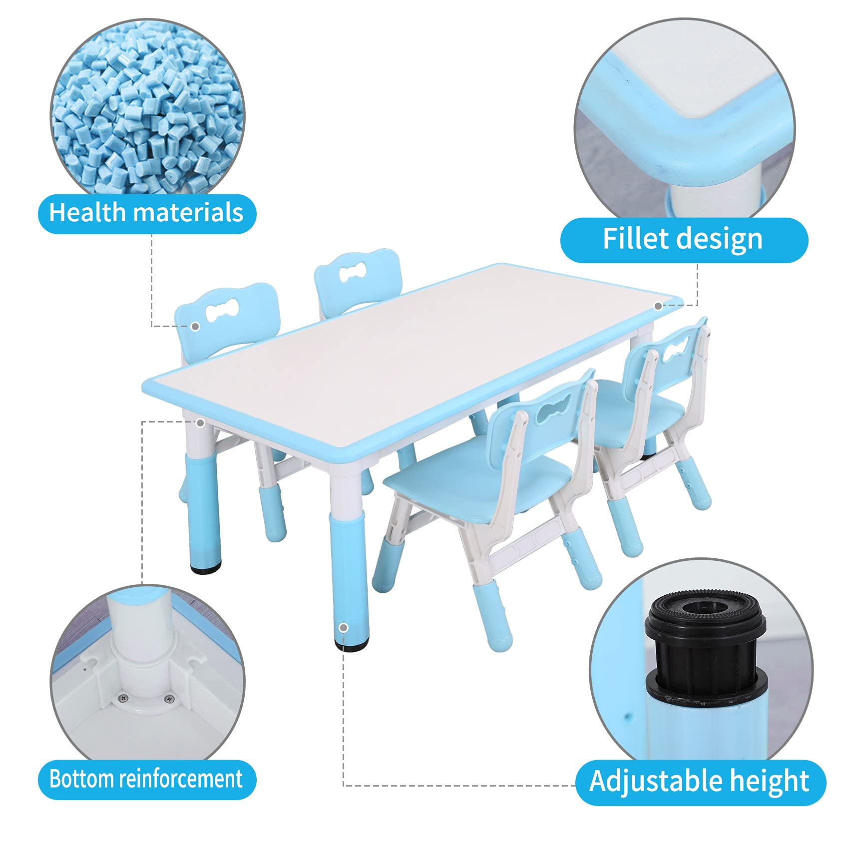 UNICOO® Kids Study Table and Chairs Set, Height Adjustable Plastic Children Art Desk with 4 Seats, Kids Multi Activity Table Set (White Top + Blue Border)