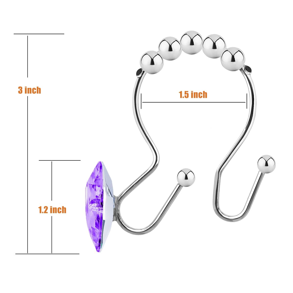 Bathroom curtain hook rings, 12-pack, heart-shaped stainless steel rust-proof decorative rhinestone shower curtain rings (single hook, transparent).