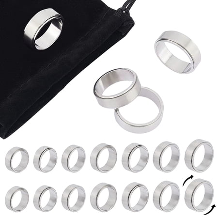 14Pcs 7 Size 304 Stainless Steel Plain Rotating Finger Rings Set Fidge Spinner Rings for Stress Anxiety Relief with 1Pc Rectangle Velvet Pouches