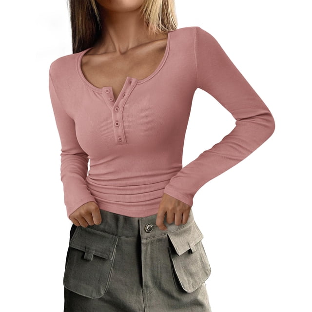 Remera Henley de Manga Larga para Mujer PRETTYGARDEN Otoño 2025 Rosa M