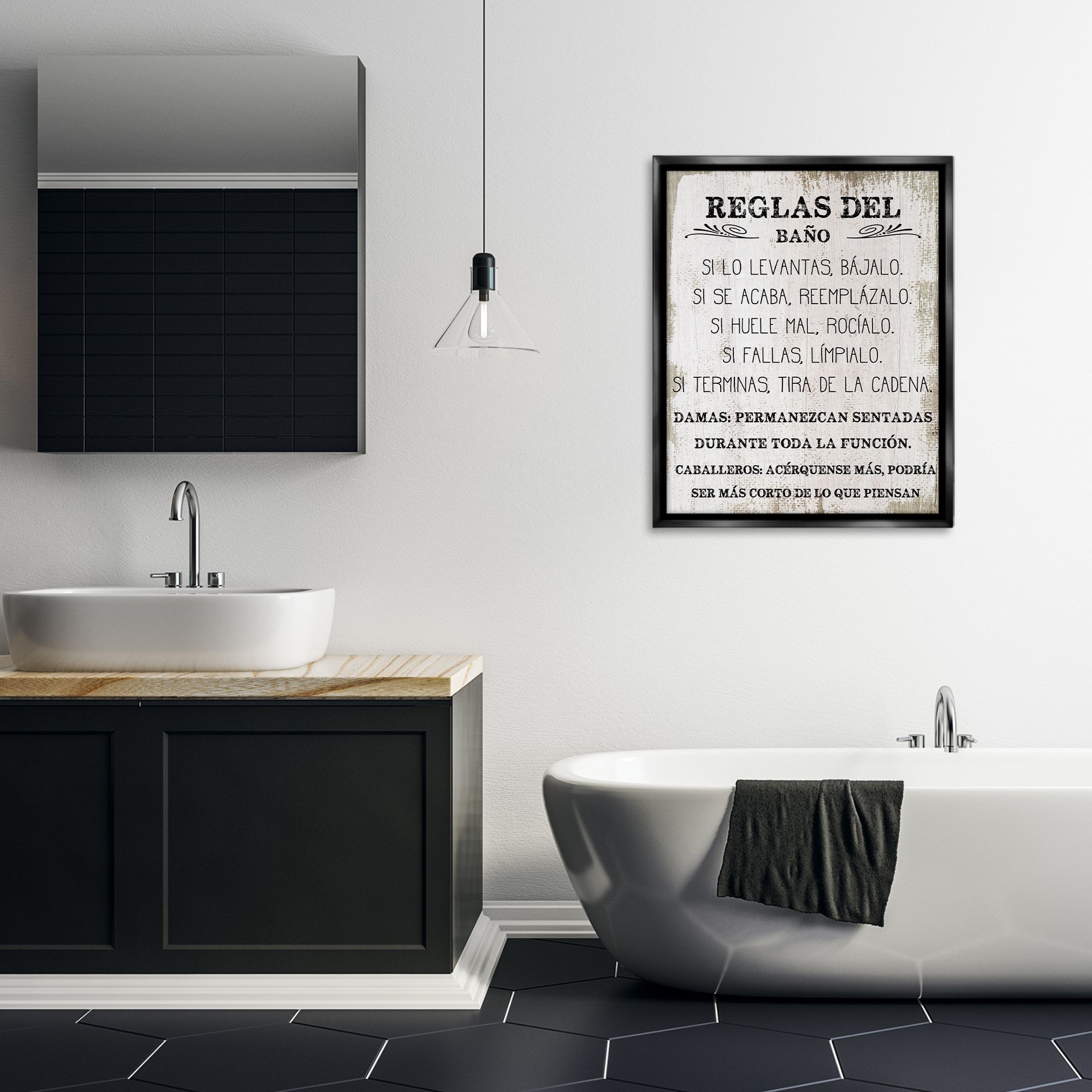 Stupell Industries Reglas Divertidas del Baño Bath & Laundry Painting Black Floater Framed Art Print Wall Art, 25 x 31