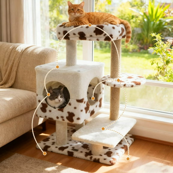 Costway Modern Cat Tree with Wide Upholstered Perch & 2-Entrance Cat Condo Scratching Posts