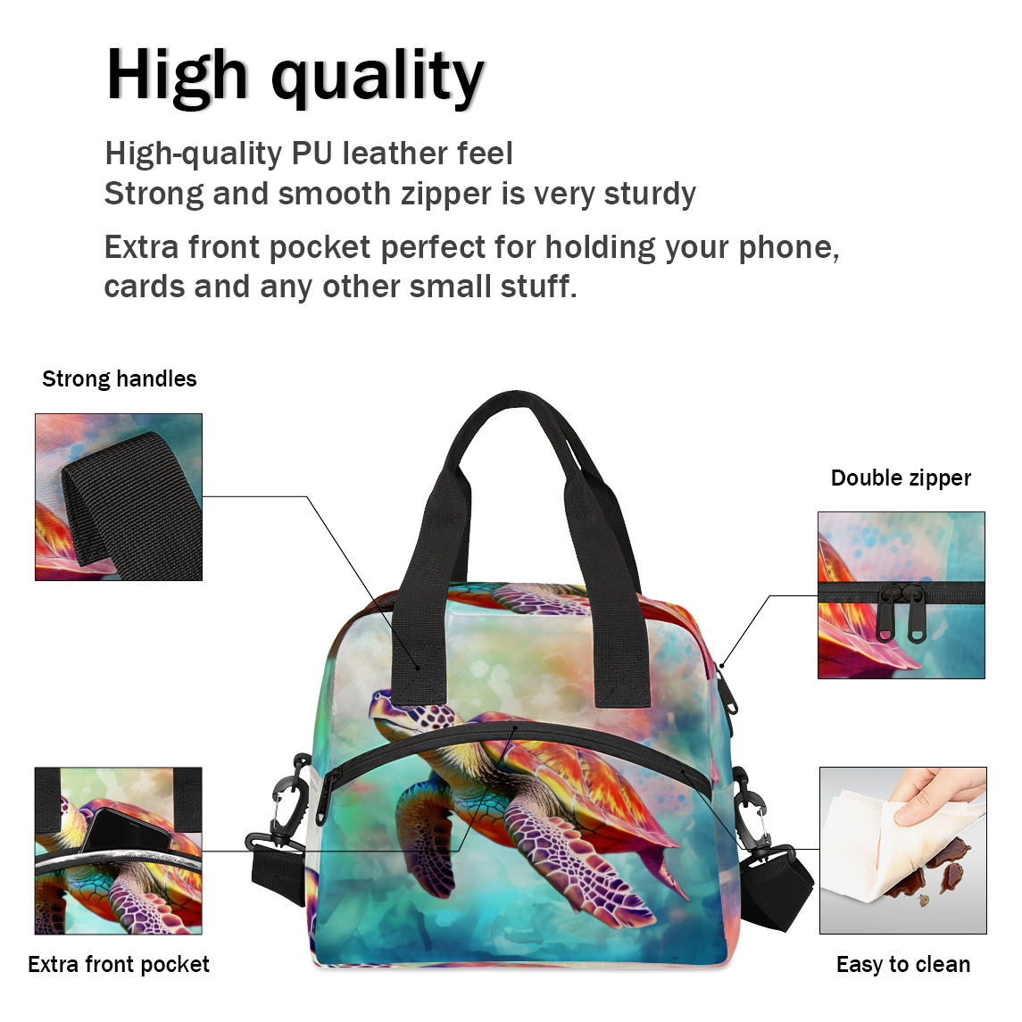 Herdesigns Ocean Turtle Insulated Lunch Bag for Women Men Adults Large Reusable Lunch Box Sea Turtle Leakproof Cooler Tote Bags with Adjustable Shoulder Strap
