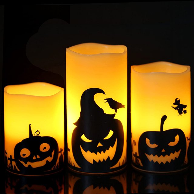 Paquete de 3 velas LED sin llama con temporizador 6H y pegatinas de calabaza - Decoración de fiesta de otoño - Decoración de fiesta de Halloween - 3" x 4" x 5" x 6" esquí esquí Gafas de esquí