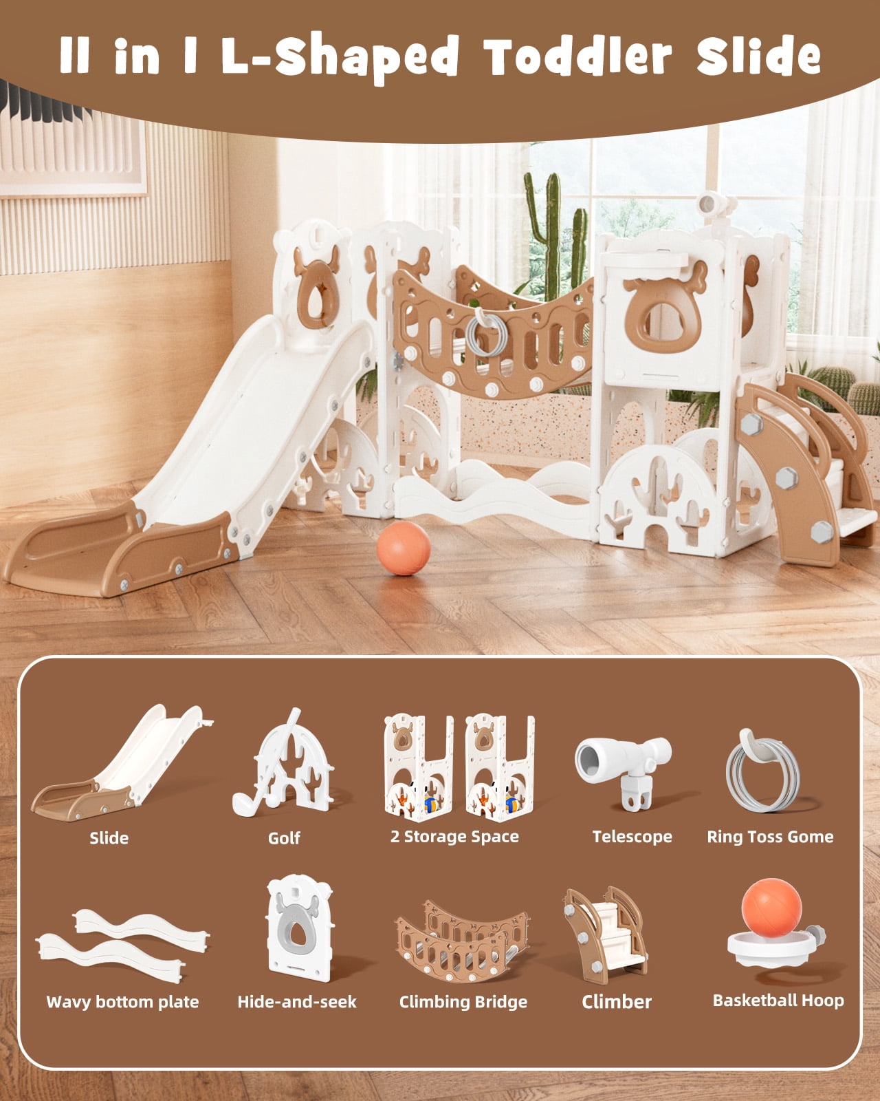 KORIMEFA 8 in 1 Toddler Slide, Kid Slide for Toddlers Age 1-3 with Ring Toss, Basketball Hoop, and Telescope, Indoor Outdoor Slide Toddler Playset Toddler Playground