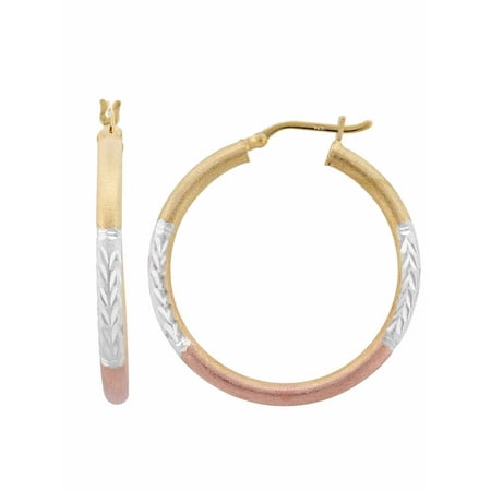 Rose Cut Earrings - Sterling Silver and 18kt Gold and Rose Over Sterling Silver Diamond Cut Satin Hoop Earrings
