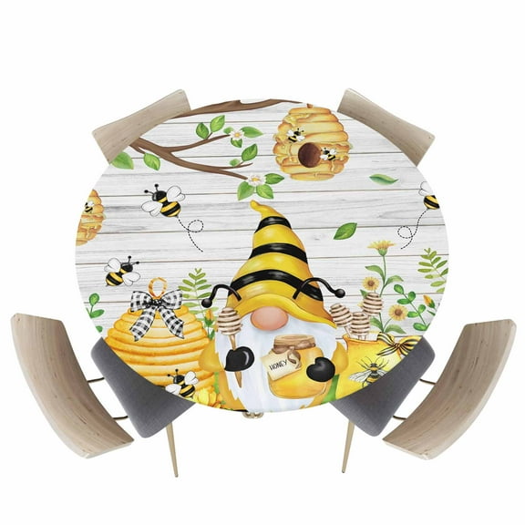 Watercolor Gnome Farm Bee Honey Fitted Tablecloth for 45-54in Round Tables,Waterproof Table Cover,Daisy Floral Sunflower on Wood Elastic Edge Table Cloths for Dining Kitchen Holiday Party Decor