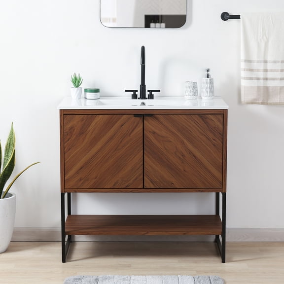 JONATHAN Y Juhl 35 in. W x 18 in. D x 33 in. H, Chevron-Front 2-Shelf, Bath Vanity Cabinet ONLY, Walnut, VAN1015B