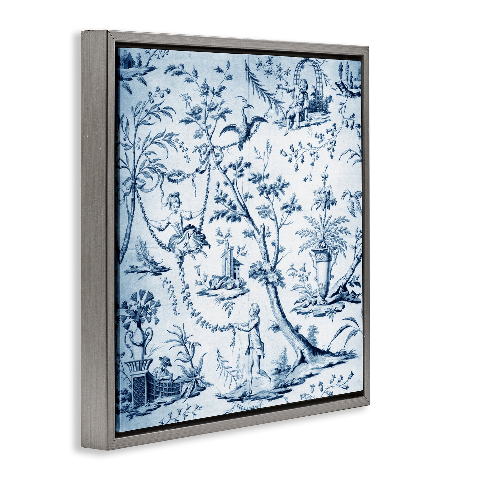 Vintage Toile Scene Gray Framed Floater Canvas Wall Art, design by Vintage Hustle