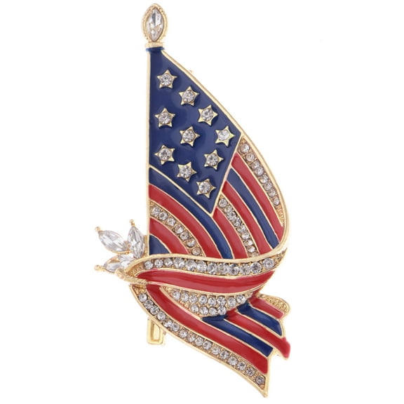 Golden Tone Clear Crystal Rhinestones Stripes Stars Enamel 4th of July America USA Flag Patriotic Brooch Pin