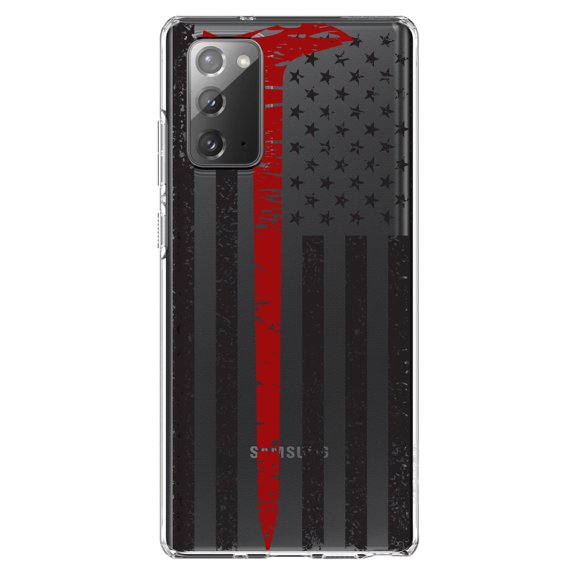DistinctInk Clear Shockproof Hybrid Case for Samsung Galaxy Note 20 (6.7" Screen) - TPU Bumper, Acrylic Back, Tempered Glass Screen Protector - Weathered Thin Red Line US Flag With Axe Fire Fighters