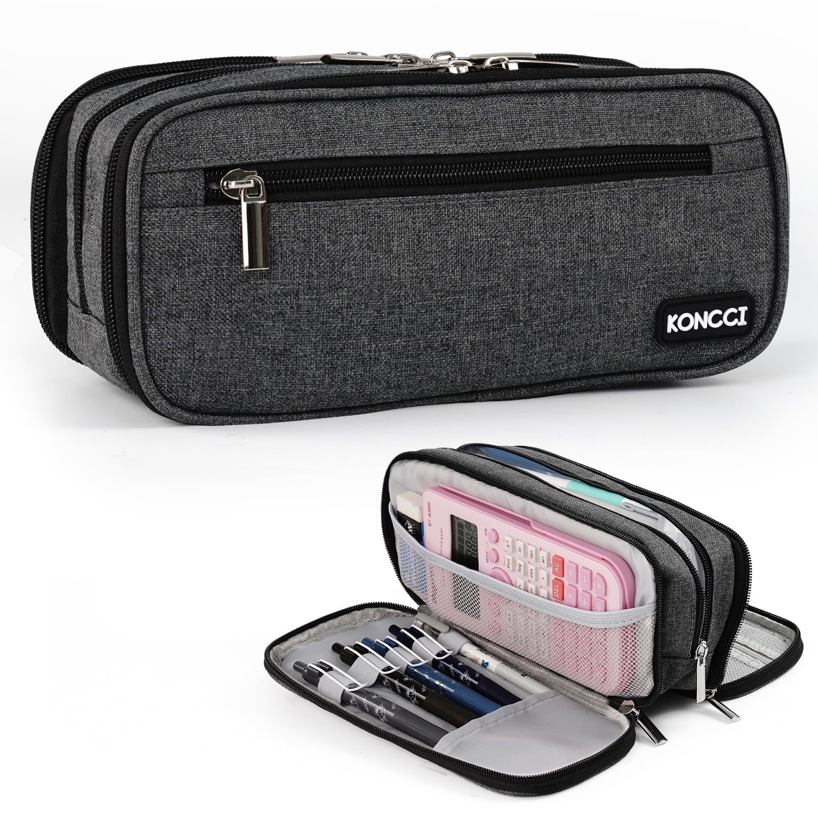 Pencil Case, Large Capacity Pencil Case for Kids Adults Teen, Handheld 3 Compartments Pencil Box Pouch Stationery Bag, Gray