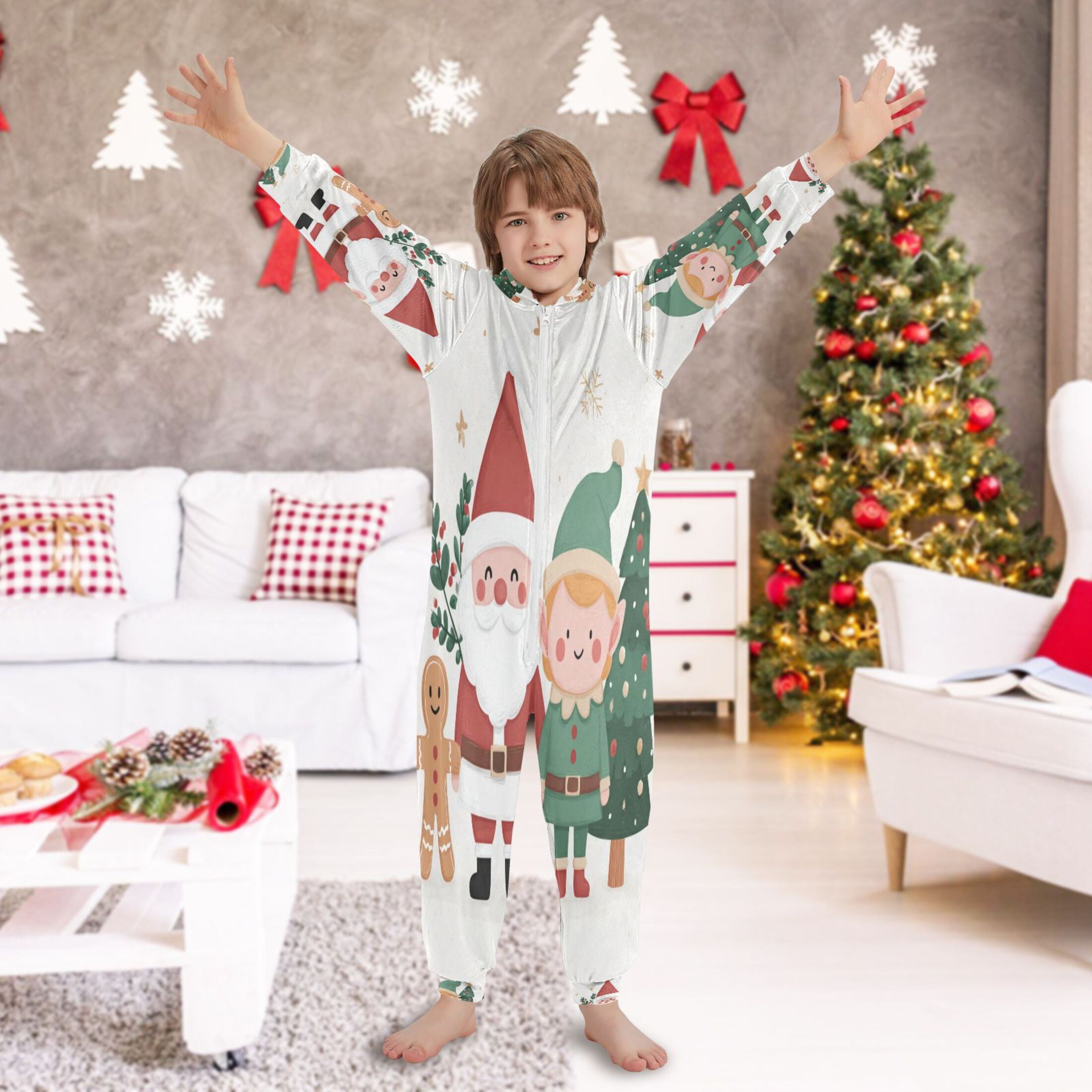 Ttyddzy Children's one-piece Hooded Pajamas Soft Crystal Velvet with Kids Girl Boys,Loose Convenience Long Sleeves Zipper for 4T-14Y ，Santa Claus and The Little Elves