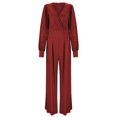 thumbnail image 3 of HBFAGFB Long Sleeve Jumpsuit for Women Trendy V Neck Mesh Patchwork Straight Leg Rompers Red Size L, 3 of 4
