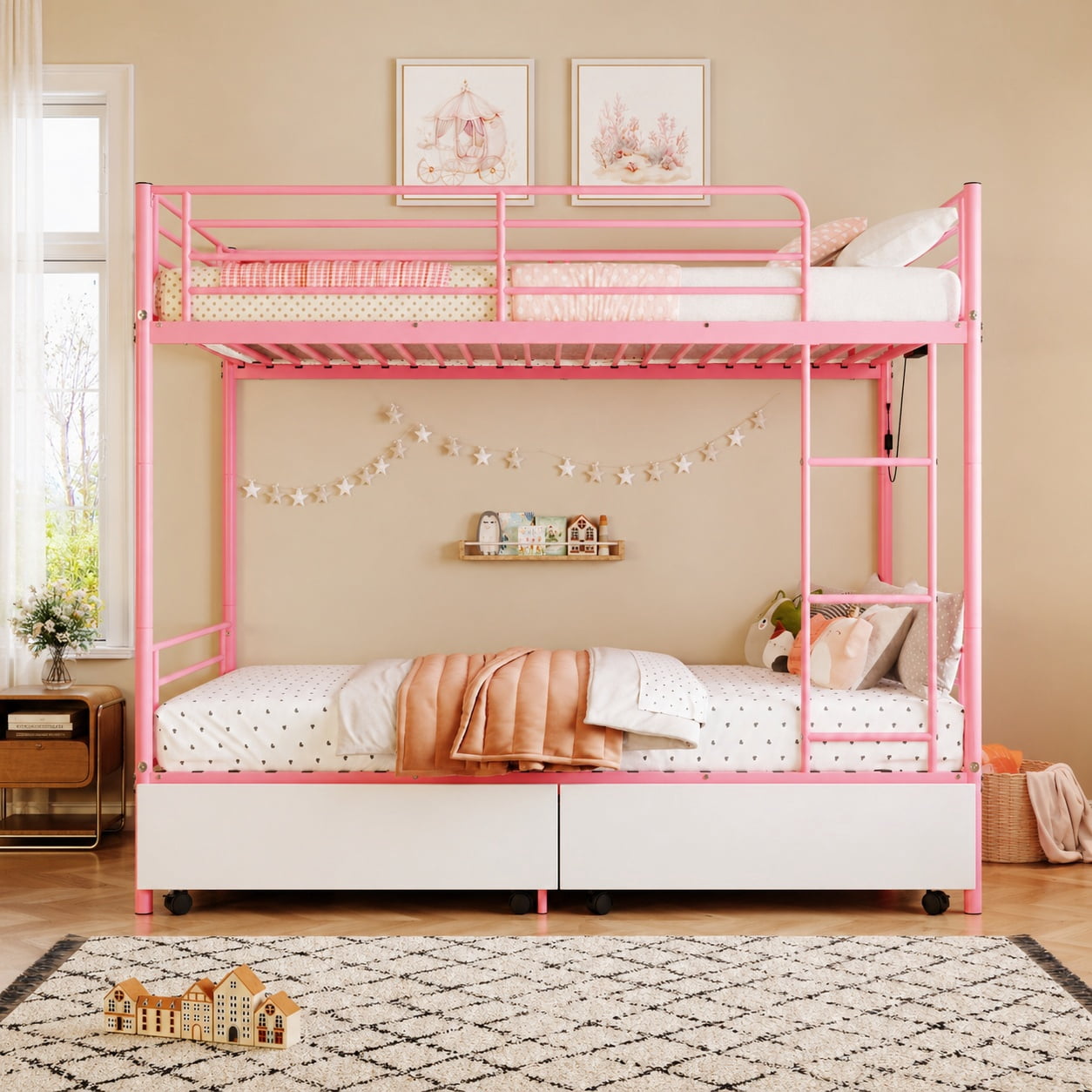Miniyam Twin Over Twin Metal Bunk Bed with Storage Drawers, Convertible Bunk Bed with Guardrails, Ladder, Pink