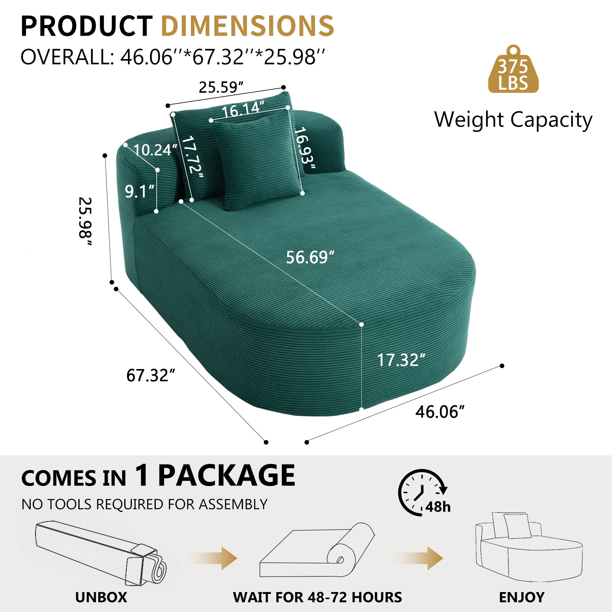 Sleeper Sofa, Chaise Lounge Chair, Oversized Convertible Sofa Bed with Deep Plush Corduroy Seat, No Assembly Required, for Living Room Lounging, Green