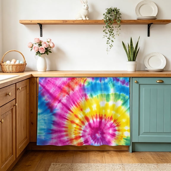 Colorful Boho Sink Skirt 11"Wx13"L,Dustproof Under Sink Curtain with Self Adhesive Tape,Pink Yellow Blue Green Tie Dye Abstract Art Cabinet Curtain Cover for Bathroom Vanity,Kitchen Storage Shelf