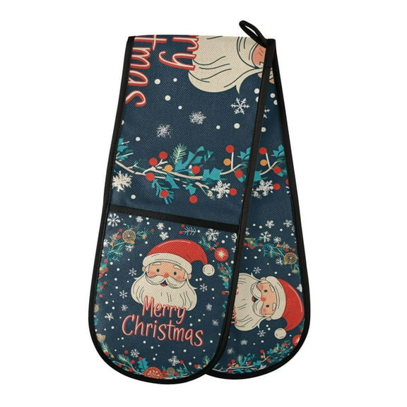 Yayeee Double Oven Mitt Kitchen Heat Resistant Baking 35" x7" Quilted Glove, Blue Christmas Santa