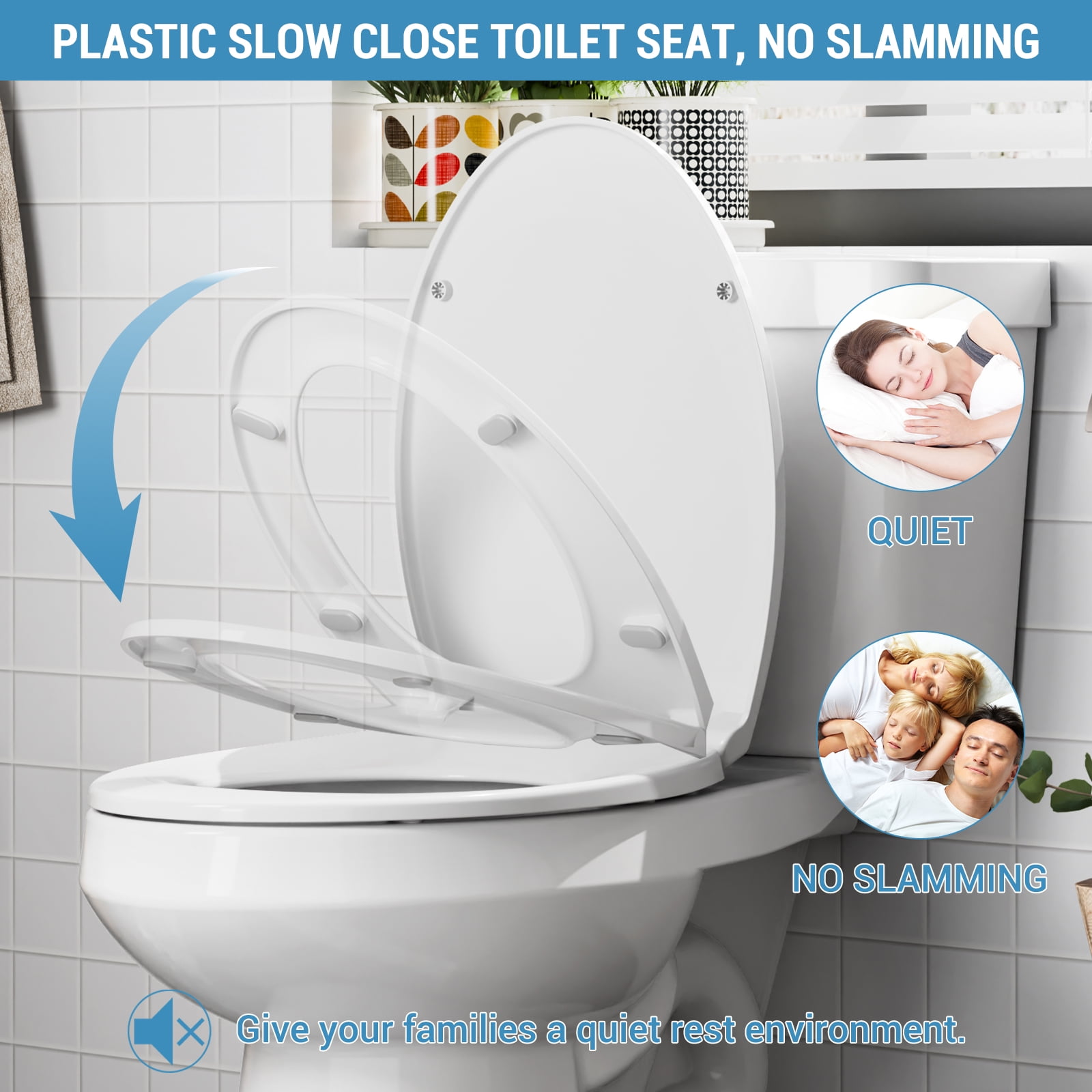 Soft Close Elongated Toilet Seat – Quick Release, Non-Slip Stable Hinges, Easy Clean, Durable White Polypropylene – Fits Most American Standard Bathrooms – White, Elongated, Regular