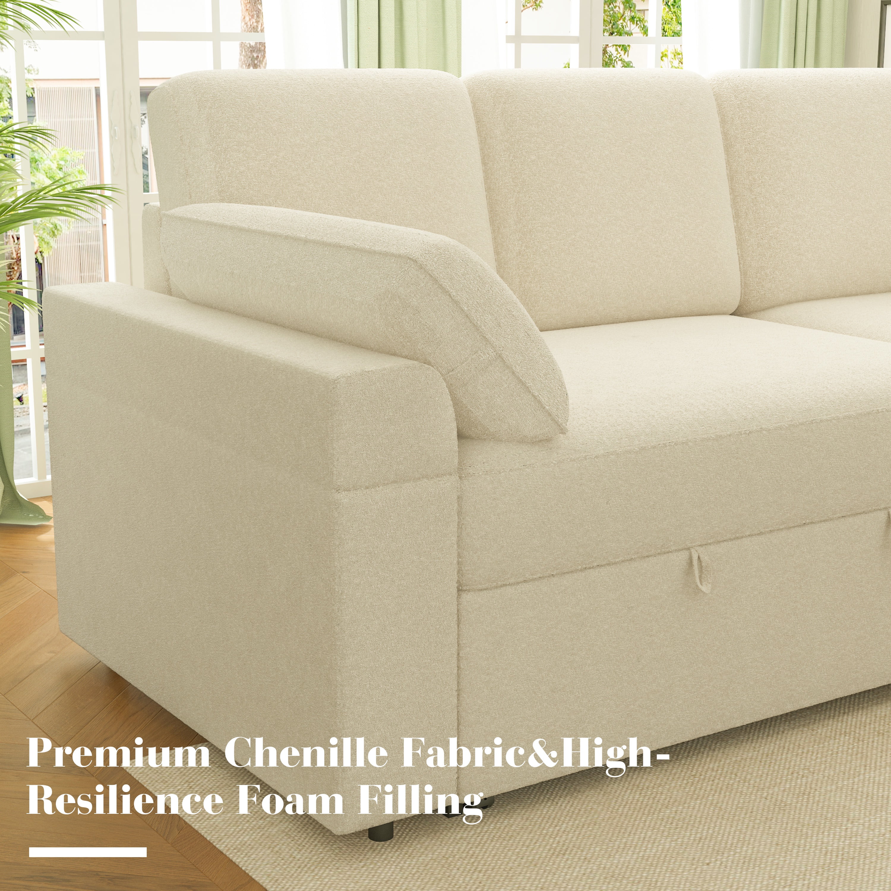 VANACC Sleeper Sofa Bed with Foldable Armrests,Storage Chaise & 5" Cushions,Beige