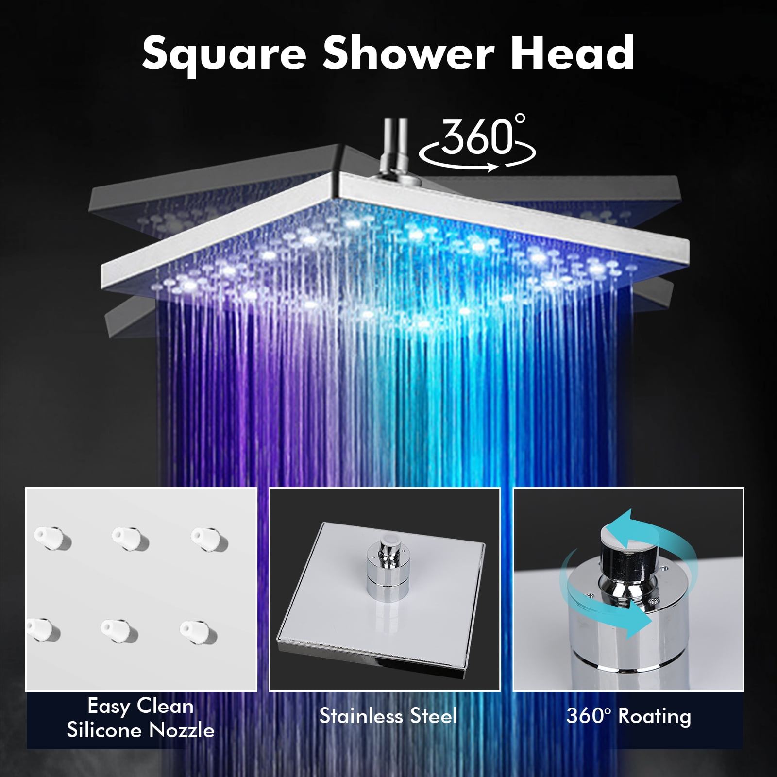 8 Inch LED Rain Shower Head, High Pressure Light Up Shower Head Color Changing with 7 Color Changing Automatically, Square Stainless Steel