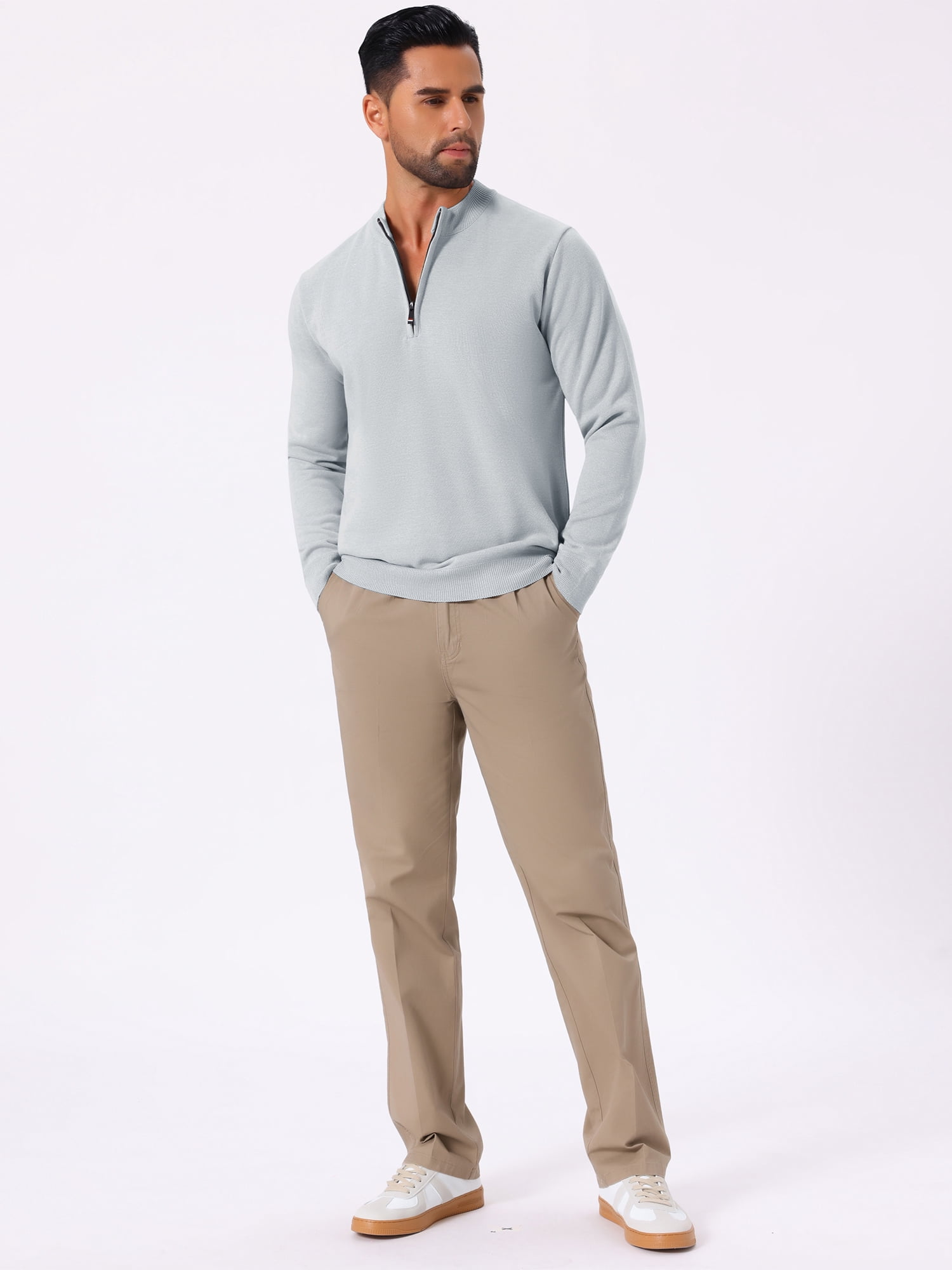 DARING DIVA Men's Mock Neck Pullover Quarter Zip Knitted Polo Sweater XL Light Gray