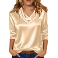 thumbnail image 3 of Women's Cowl Neck Satin Blouses 3/4 Sleeve Dressy Casual Tops Loose Fit Lightweight Soft Breathable Business Work Office Shirts, #01 Beige, XL, 3 of 7