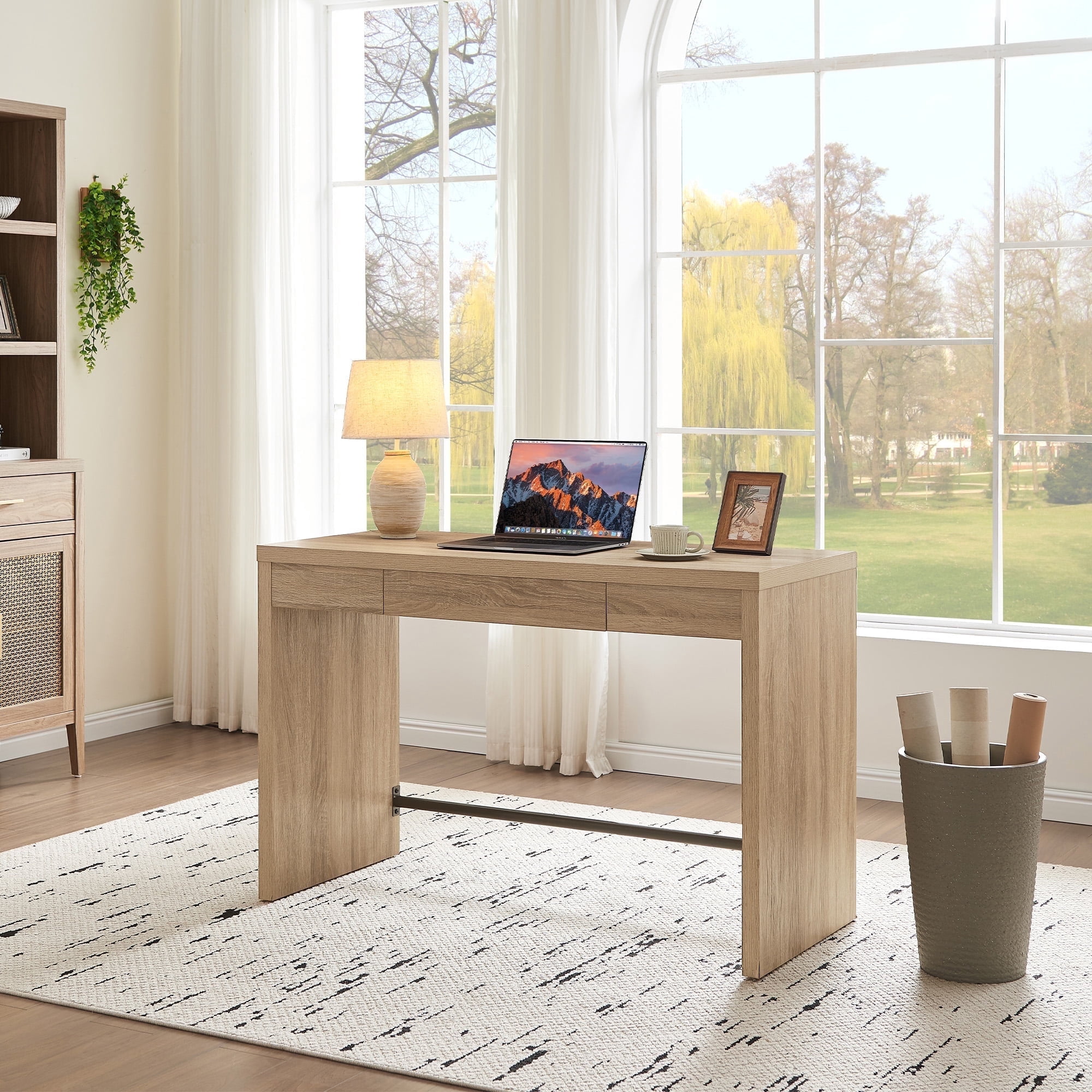 SICOTAS 47.4 inch Computer Desk with Drawer, Wood Writing Desk, Small Study Table for Home Office in Light Oak