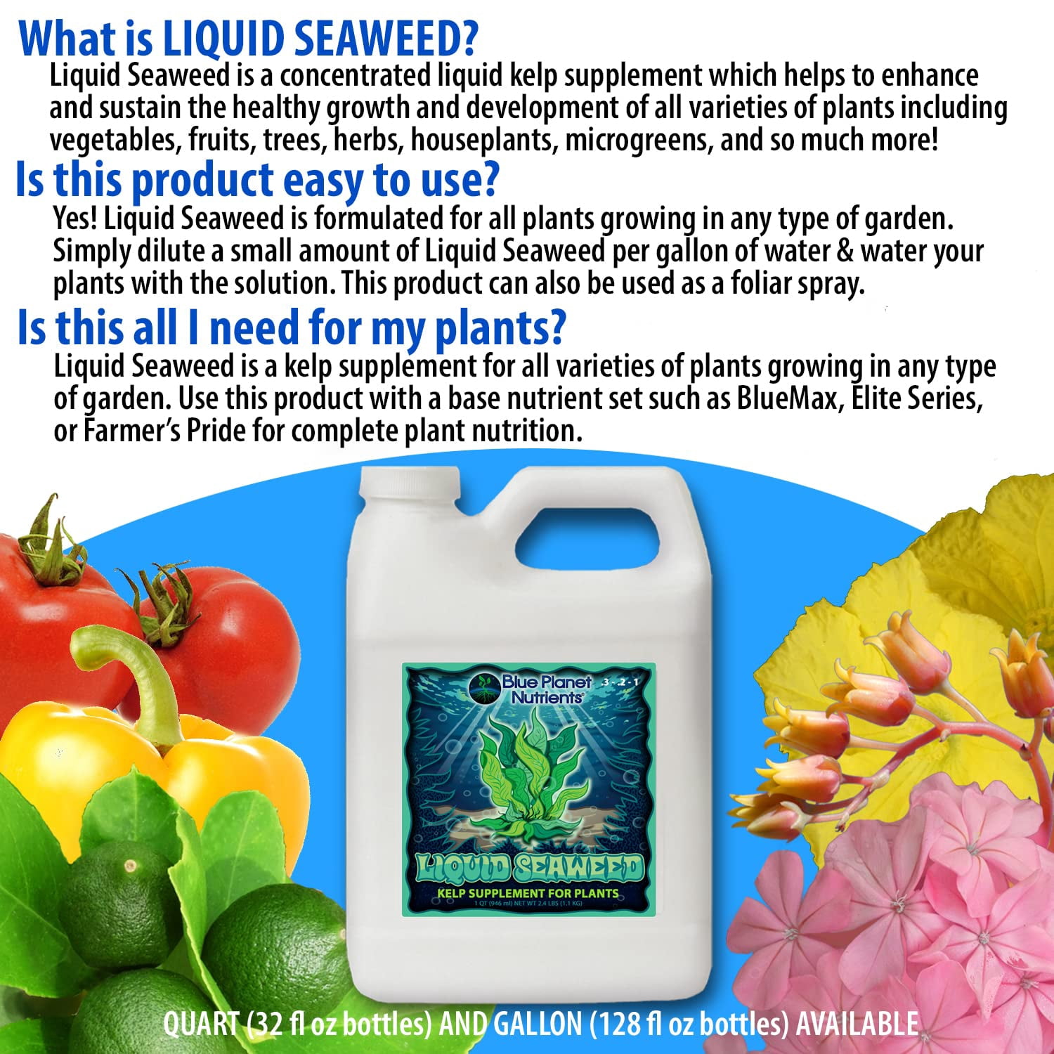Liquid Kelp Seaweed Fertilizer Concentrate - Ascophyllum Nodosum Liquid Seaweed Supplement - Makes 470 Gallons - Quart (32 oz)