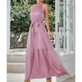 thumbnail image 3 of Vestido largo de mujer con cuello halter, sin mangas, dobladillo con volantes, cinturón de cintura, vestido de verano de color puro, 3 of 6