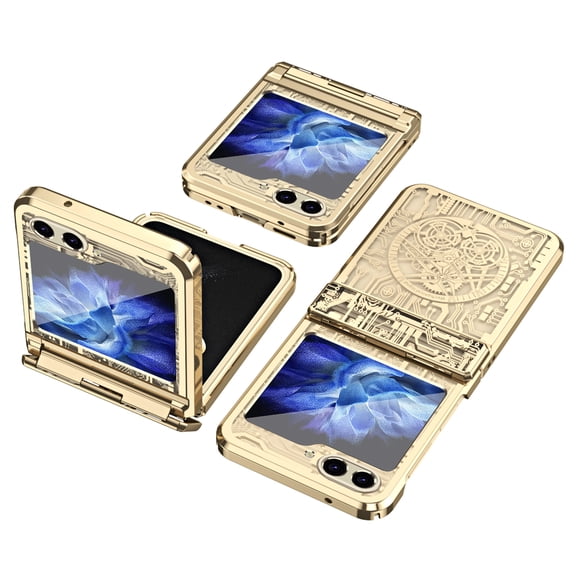 Nalacover Folding Case for Samsung Galaxy Z Flip5, Mechanical Legend Electroplated Texture Non-Fingerprints Cover with Hinge Protection Lens Hole Design Anti-Fall Shockproof Case,Gold