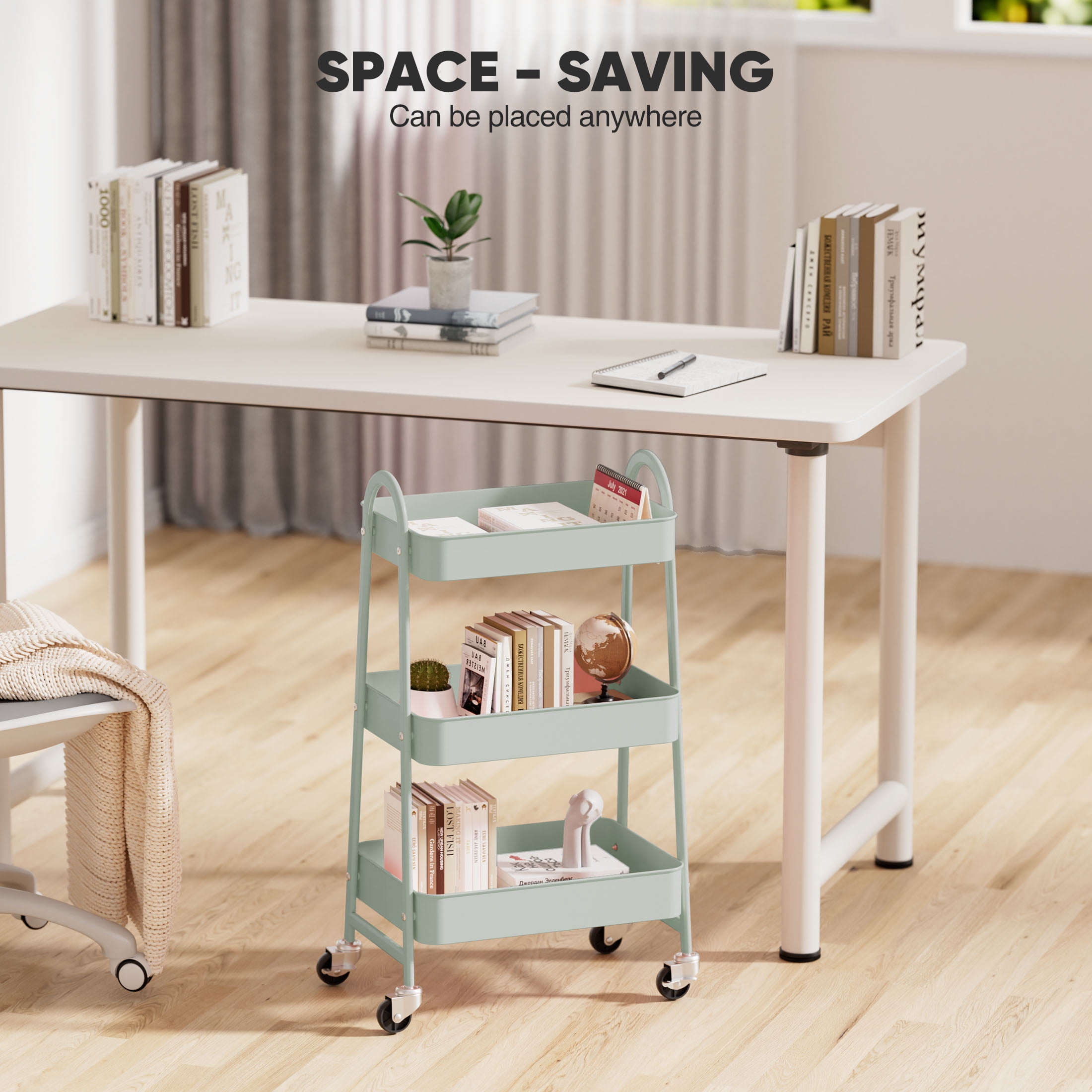 edx 3 Tier Rolling Cart, Metal Utility Storage Cart with Lockable Wheels for Livingroom, Bathroom, Kitchen & Narrow Spaces,Green