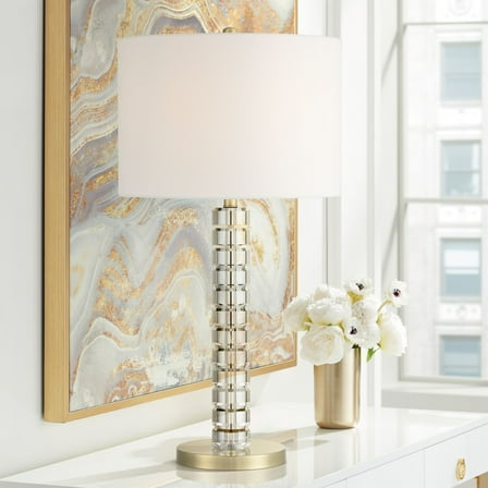 Possini Euro Design Cecil 31" Tall Large Modern End 3-Way Table Lamp Clear Brass Finish Acrylic Single White Shade Living Room Bedroom