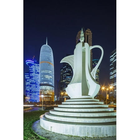 Skyscraper Sculptures - Qatar, Doha, Doha Bay, West Bay Skyscrapers, Dusk, with Large Coffeepot Sculpture Print Wall Art By Walter Bibikow
