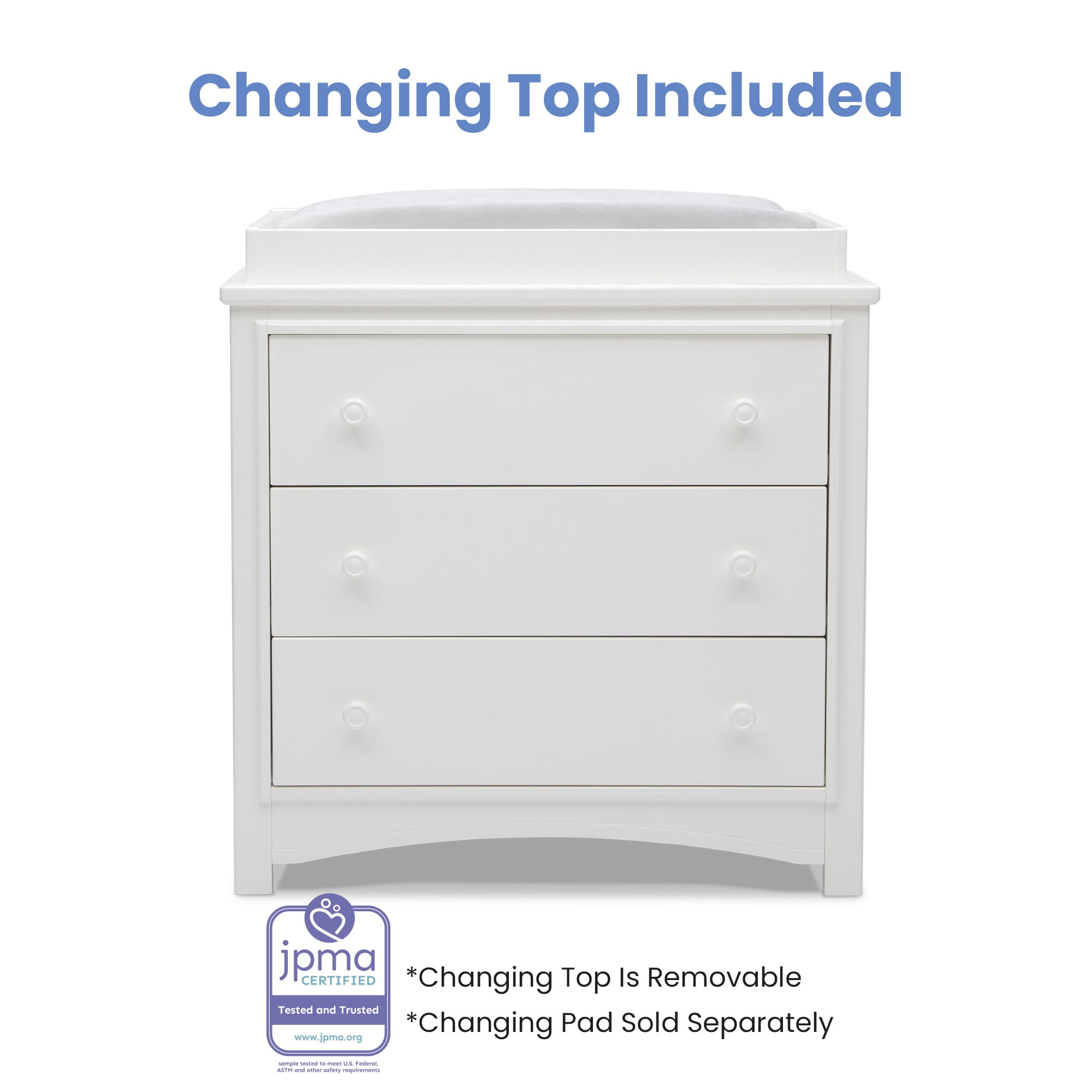 Delta Children Perry 3 Drawer Dresser with Changing Top and Interlocking Drawers, Bianca White