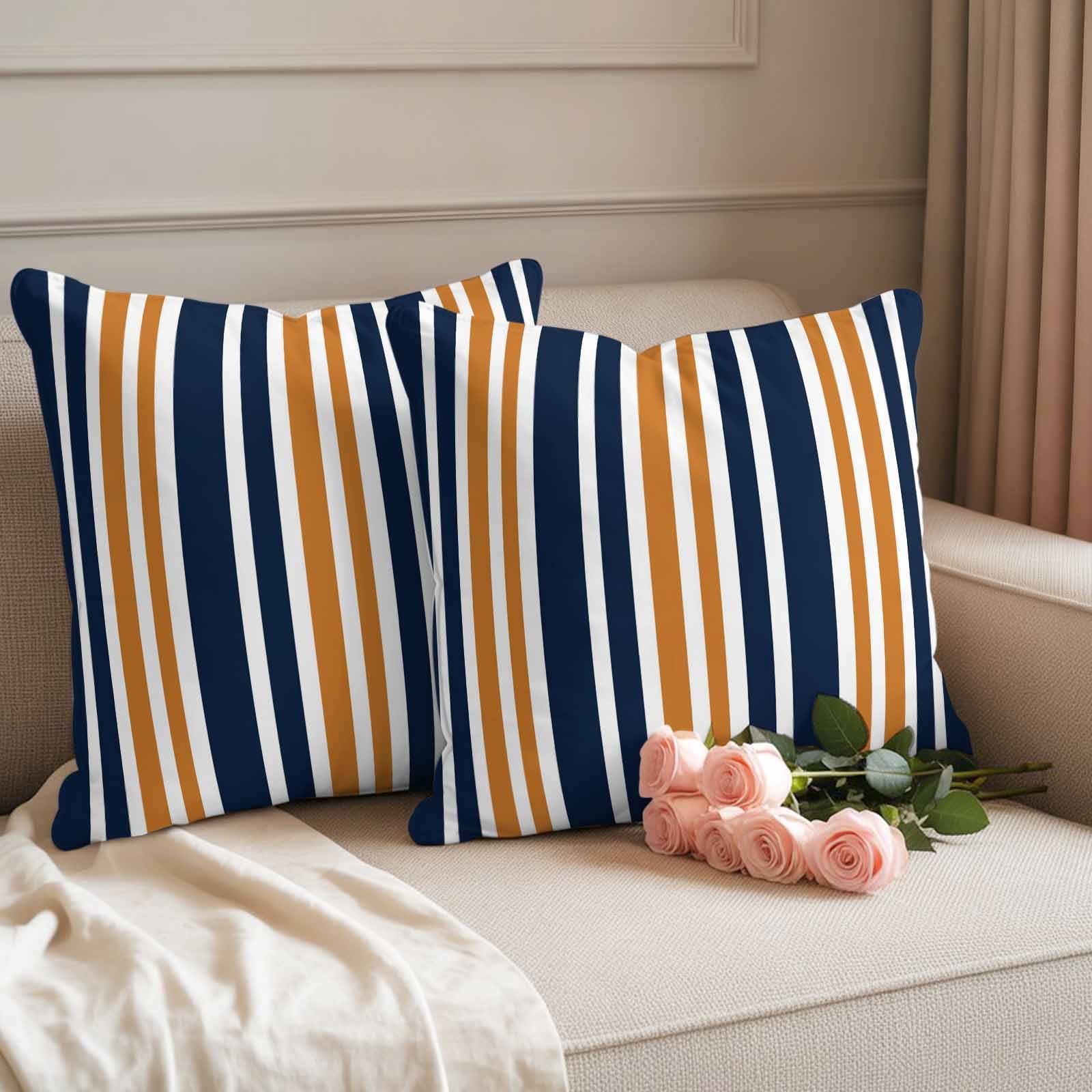 Orange Navy Blue Striped Outdoor Waterproof Pillow Covers, Modern Minimalist Ombre Lines Decorative Square Throw Pillowcase Sofa Cushion Sham for Patio/Couch/Chair, 26"x26" 2 Pack