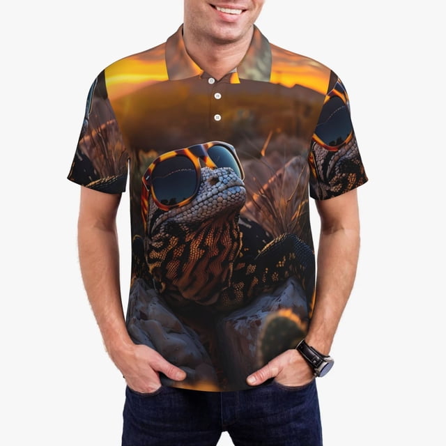 Balery Lizard With Sunglasses Sunset Camisa Polo de Hombre con Estampado, de Manga Corta y Tejido Medio, Camisa Tipo Golf Polo-3X-Large