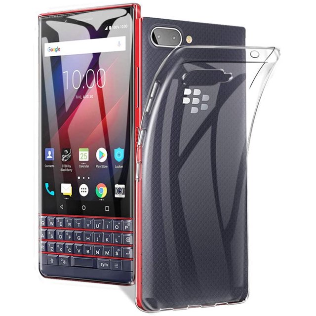 Blackberry Key2 Lite / KeyTwo LE Soft TPU Case by Phonesmart, featuring an ultra-slim, transparent design made of soft thermoplastic polyurethane (TPU). The case provides anti-scratch and shockproof protection while maintaining full access to all ports and buttons. Shown in a clear finish, it fits snugly on the Blackberry Key2 Lite, highlighting the phone's design.