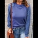 thumbnail image 4 of Camiseta de Larga con Cuello Redondo para Mujer, Otoño-Invierno, con Costuras de Gofre y Encaje, Ajustada Azul S, 4 of 7