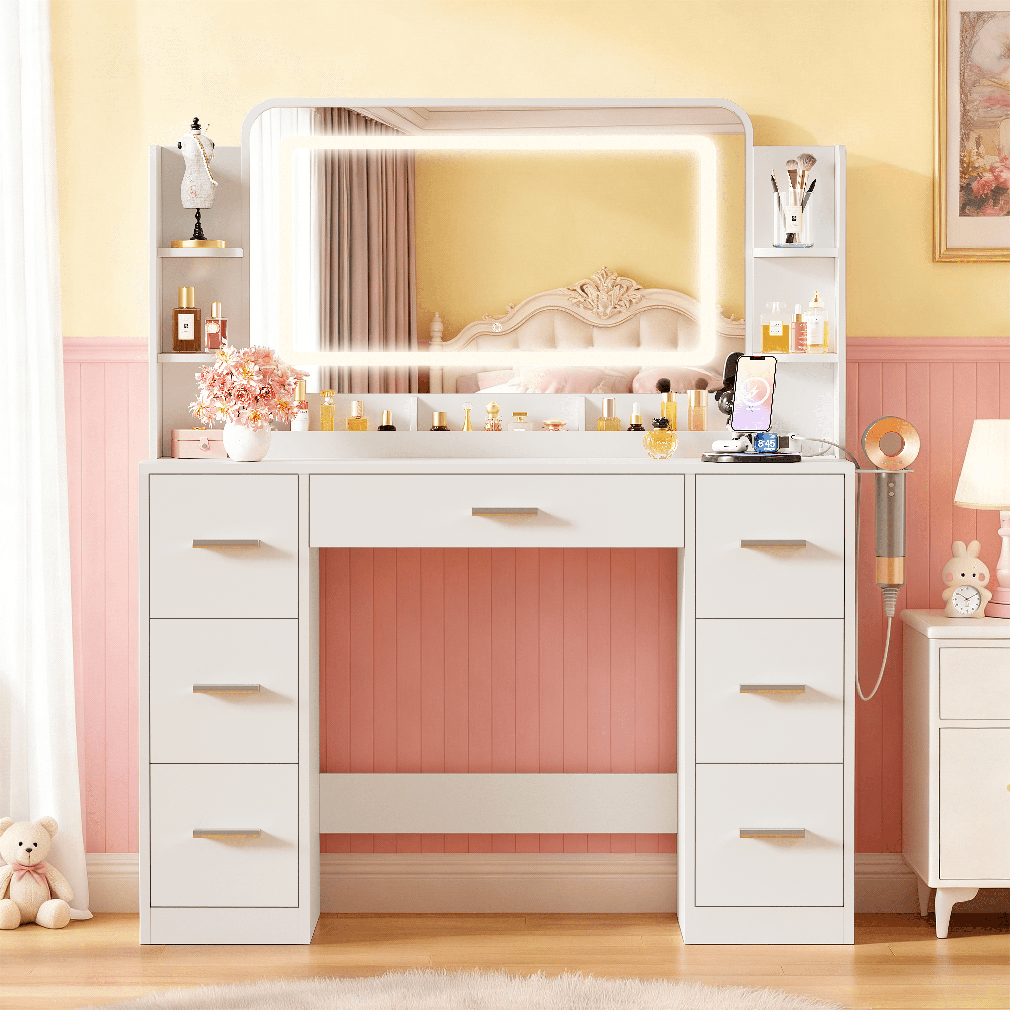Furmax Makeup Vanity Desk with LED Mirror, Modern Vanity Table Set with Storage & Power Outlet for Bedroom & Dressing Room, White