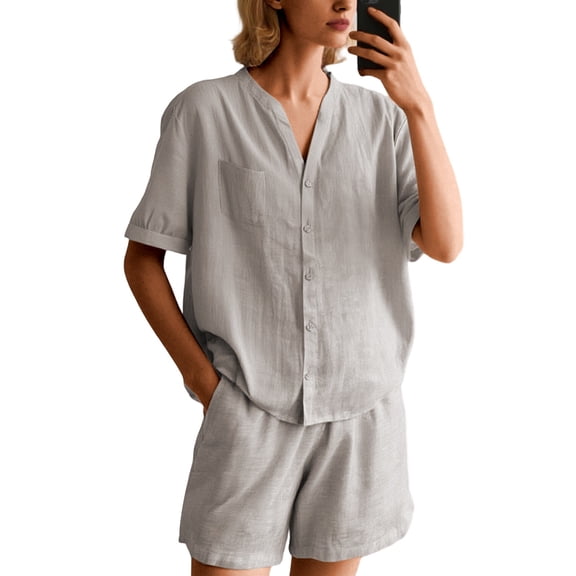 Women's Linen Shorts Set Casual Summer Outfit Breathable Comfortable Two Piece Streetwear Stylish Loose Fit Top and Bottom