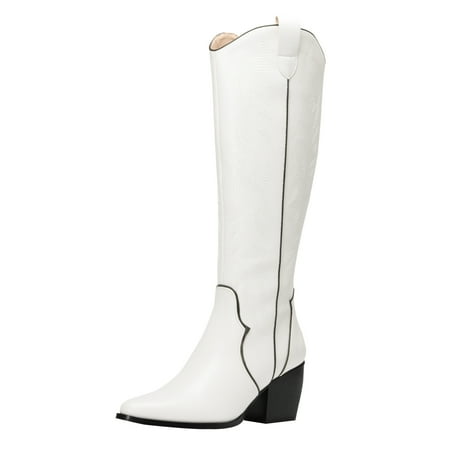 

Dream Pairs Womens Cowboy Boots Comfortable Pull On Zipper Chunky Heel Pointed Toe Embroidered Western Cowgirl Knee High Boots SDKB224W WHITE/PU Size 7