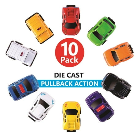 10 Car Set - Die-cast Cars, Pull Back Action Vehicles for Toddlers & Kids 10 PCS Set - Friction Powered-Bright Colored, Great for Play and party Favors.