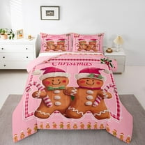 Manfei Girly Pink Cartoon Queen Comforter Set, Kawaii Gingerbread Man Bedding Comforter Set, Merry Christmas Reversible Bedding Set, Super Cozy Room Decor, 3-Piece