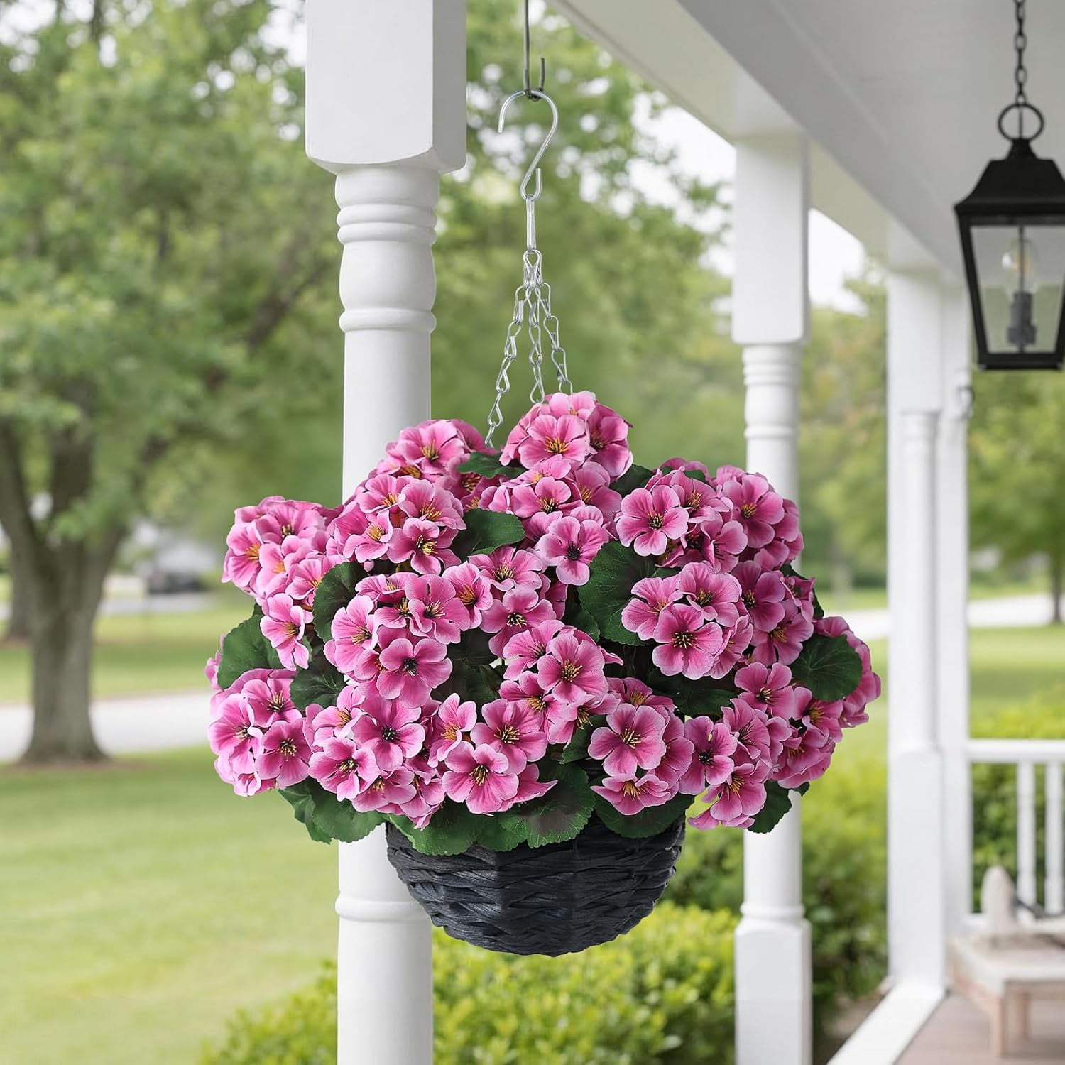 2 Set Artificial Geraniums Flowers with Hanging Baskets for Outdoors - Sun Resistant Silk with Geranium Flowers, Fake Hanging Planters for Front Porch Garden Patio Home Decor (Pink)
