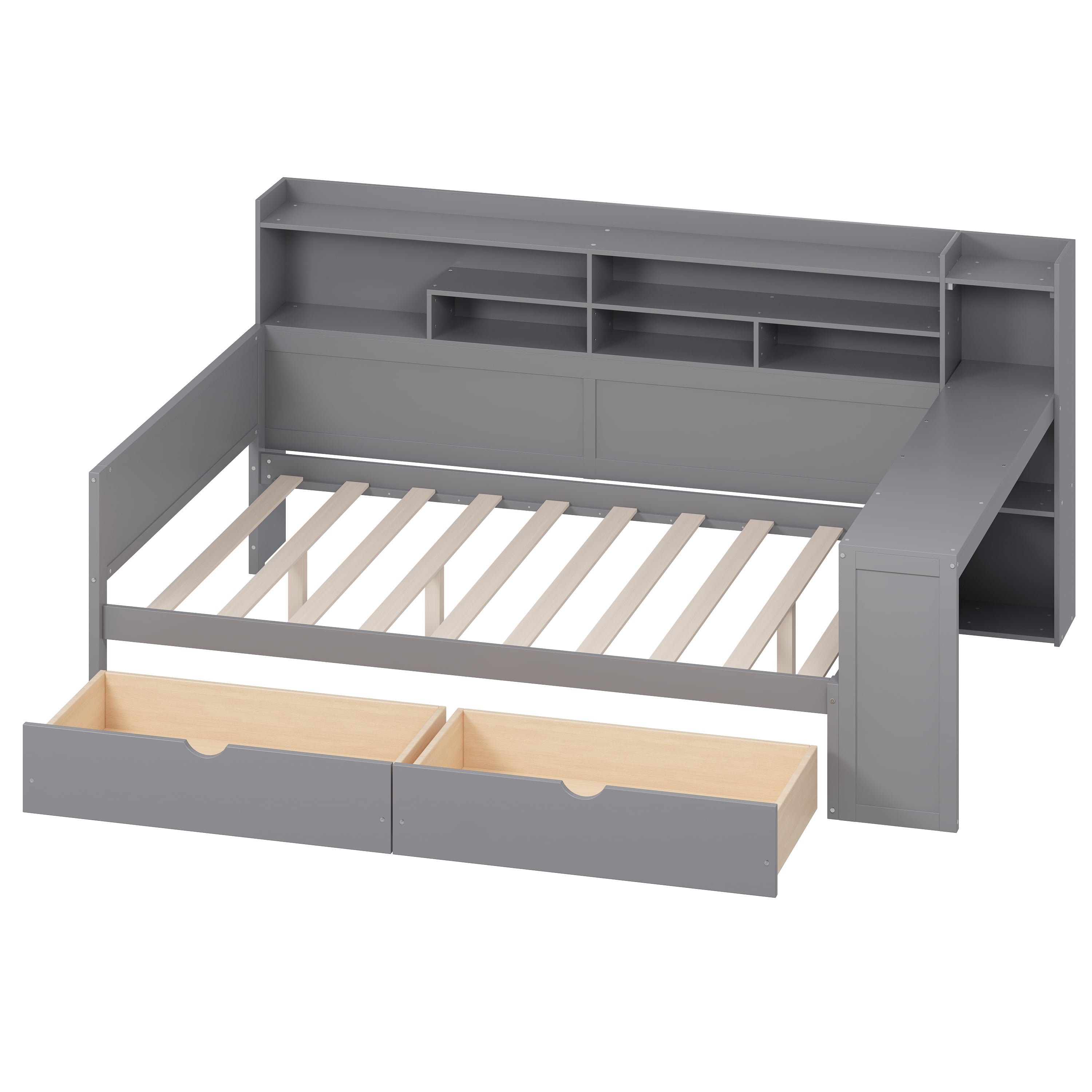 Euroco Wood Full Size Daybed with Storage Shelves Drawers and Desk, Gray